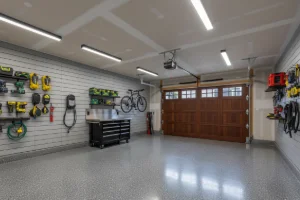 The inside of a newly built two car garage