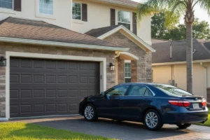 A red car parked in front of a garage