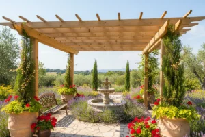 a newly built pergola in a residential backyard