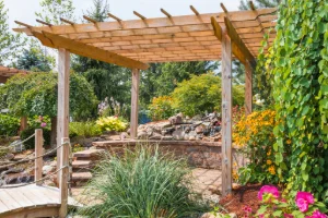 a newly built pergola in a residential backyard