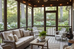 The interior view of a newly built screen porch