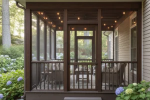 A newly built screen porch from the outside of a house